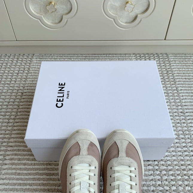 CELINE 26S TRIOMPHE RUNNER SNEAKERS IN MAUVE TAUPE NYLON AND LIGHT GREY SUEDE