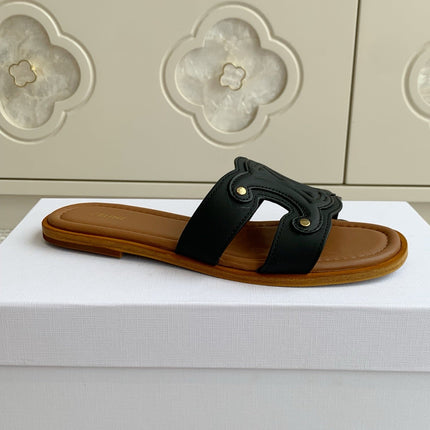 CELINE 26S TRIOMPHE SLIDE SANDALS IN BLACK CALFSKIN WITH TAN BROWN FOOTBED