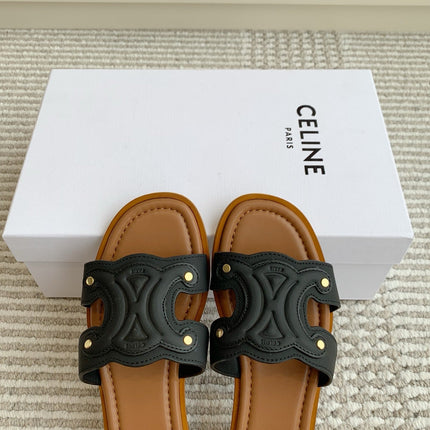 CELINE 26S TRIOMPHE SLIDE SANDALS IN BLACK CALFSKIN WITH TAN BROWN FOOTBED