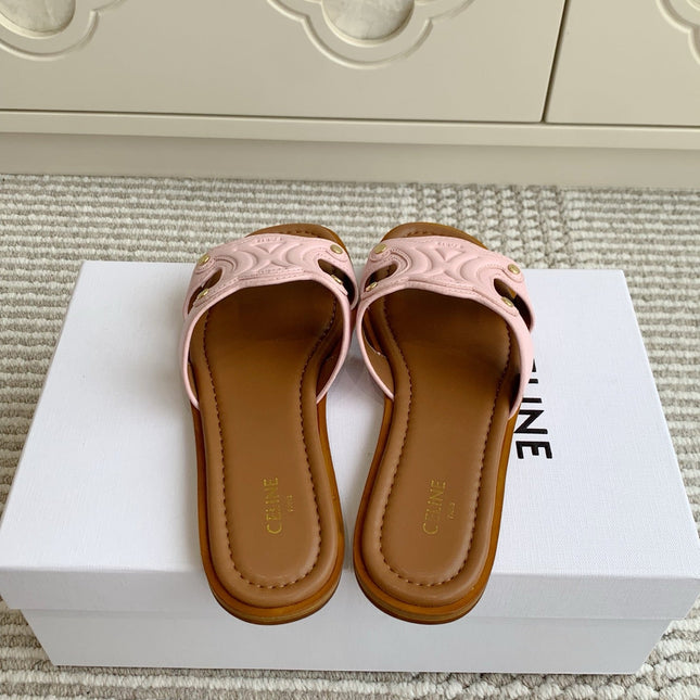 CELINE 26S TRIOMPHE SLIDE SANDALS IN LIGHT PINK CALFSKIN WITH TAN BROWN FOOTBED