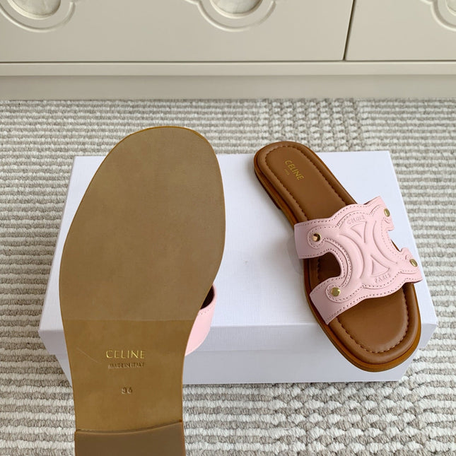 CELINE 26S TRIOMPHE SLIDE SANDALS IN LIGHT PINK CALFSKIN WITH TAN BROWN FOOTBED