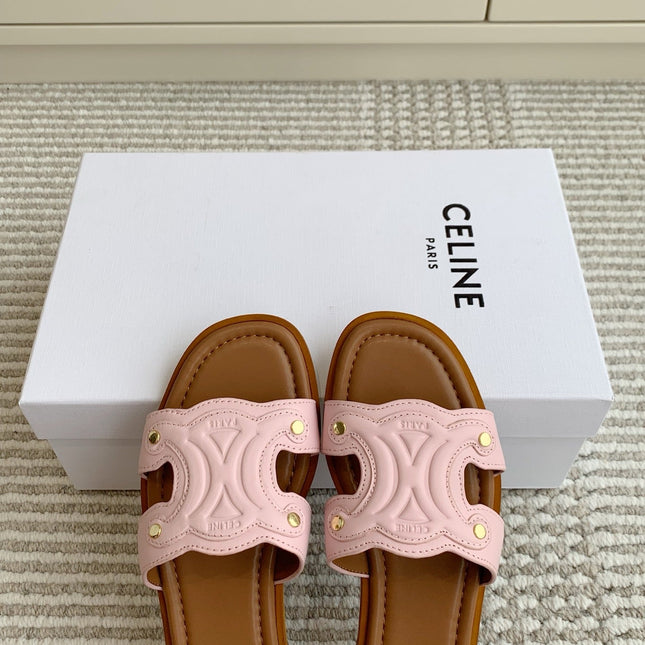 CELINE 26S TRIOMPHE SLIDE SANDALS IN LIGHT PINK CALFSKIN WITH TAN BROWN FOOTBED