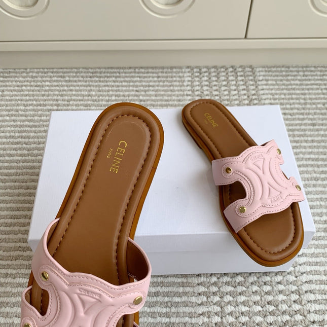 CELINE 26S TRIOMPHE SLIDE SANDALS IN LIGHT PINK CALFSKIN WITH TAN BROWN FOOTBED