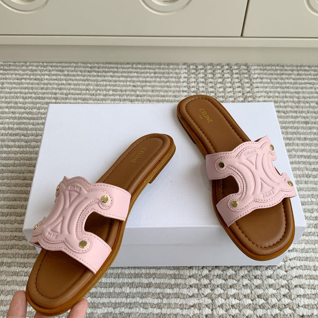 CELINE 26S TRIOMPHE SLIDE SANDALS IN LIGHT PINK CALFSKIN WITH TAN BROWN FOOTBED