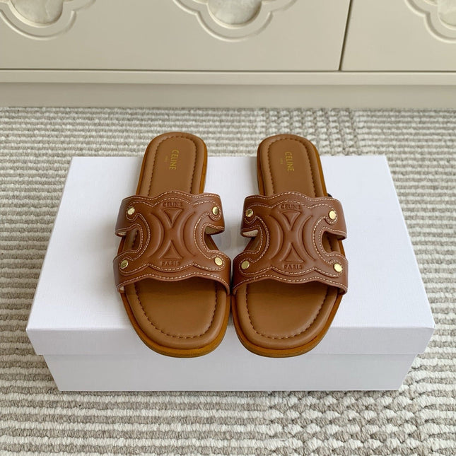 CELINE 26S TRIOMPHE SLIDE SANDALS IN TAN BROWN CALFSKIN