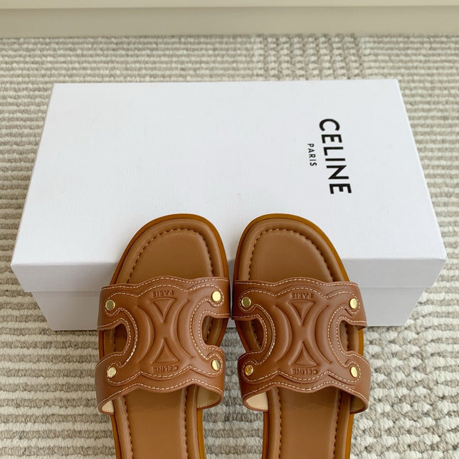 CELINE 26S TRIOMPHE SLIDE SANDALS IN TAN BROWN CALFSKIN