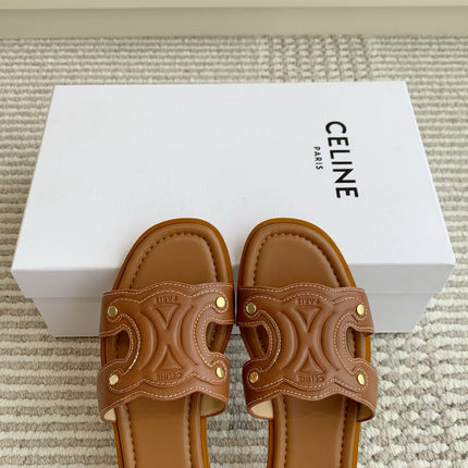 CELINE 26S TRIOMPHE SLIDE SANDALS IN TAN BROWN CALFSKIN
