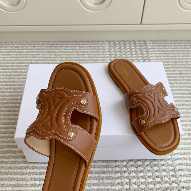 CELINE 26S TRIOMPHE SLIDE SANDALS IN TAN BROWN CALFSKIN