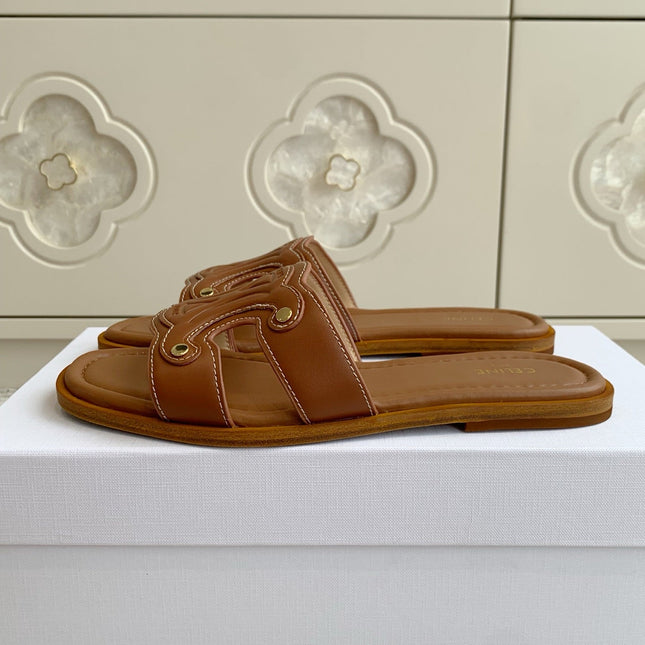 CELINE 26S TRIOMPHE SLIDE SANDALS IN TAN BROWN CALFSKIN