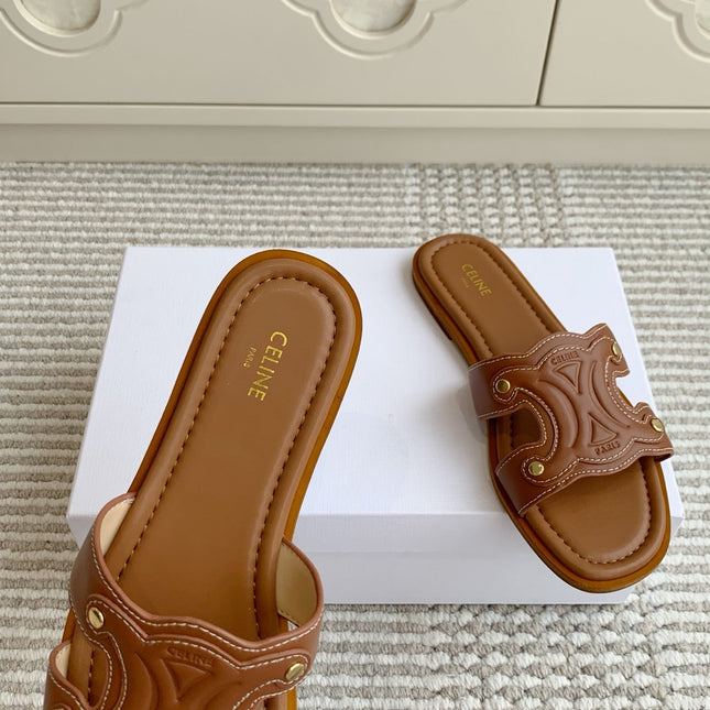 CELINE 26S TRIOMPHE SLIDE SANDALS IN TAN BROWN CALFSKIN
