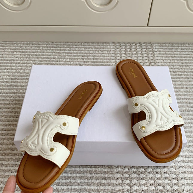 CELINE 26S TRIOMPHE SLIDE SANDALS IN IVORY WHITE CALFSKIN WITH TAN BROWN FOOTBED