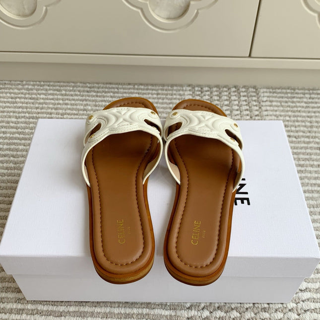 CELINE 26S TRIOMPHE SLIDE SANDALS IN IVORY WHITE CALFSKIN WITH TAN BROWN FOOTBED