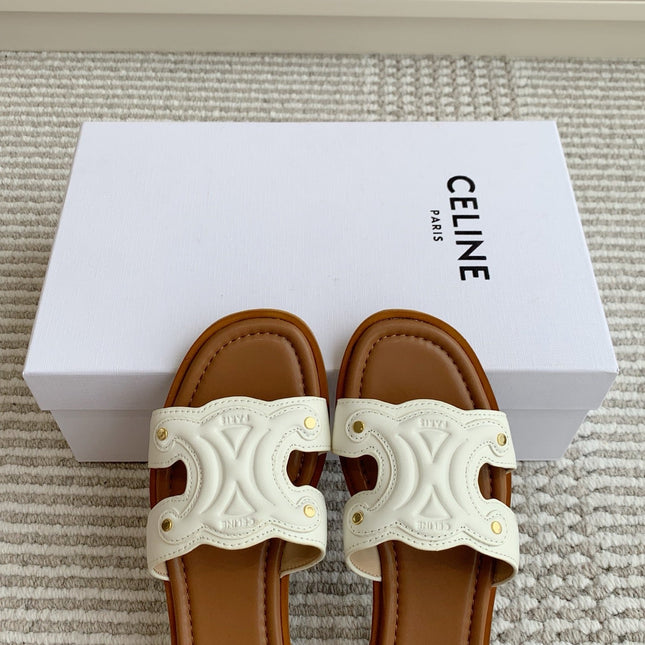 CELINE 26S TRIOMPHE SLIDE SANDALS IN IVORY WHITE CALFSKIN WITH TAN BROWN FOOTBED