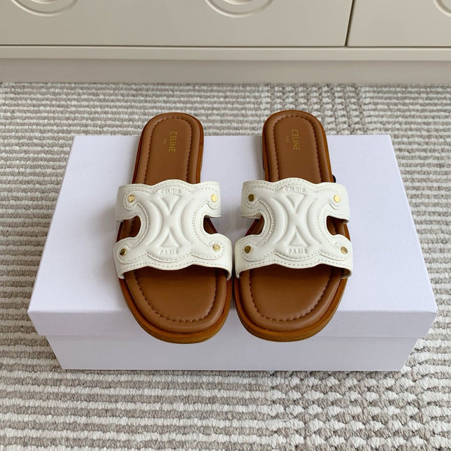 CELINE 26S TRIOMPHE SLIDE SANDALS IN IVORY WHITE CALFSKIN WITH TAN BROWN FOOTBED