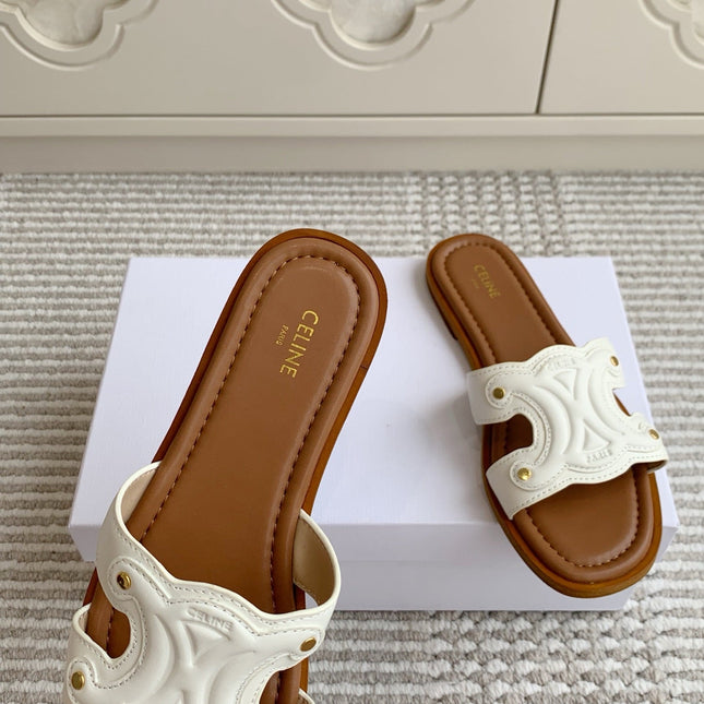 CELINE 26S TRIOMPHE SLIDE SANDALS IN IVORY WHITE CALFSKIN WITH TAN BROWN FOOTBED