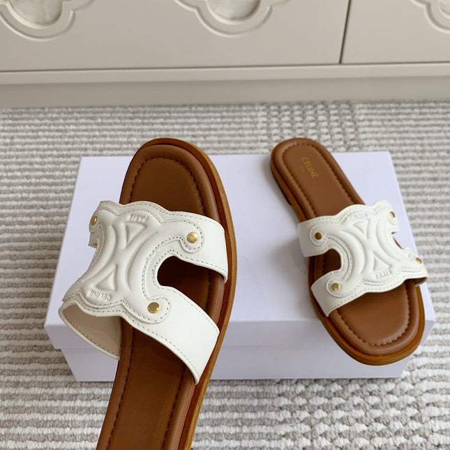 CELINE 26S TRIOMPHE SLIDE SANDALS IN IVORY WHITE CALFSKIN WITH TAN BROWN FOOTBED