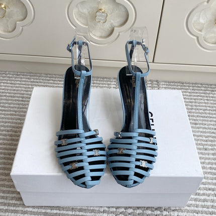 CELINE 26S CLEA TRIOMPHE GLADIATOR HEEL SANDALS 60 MM IN SKY BLUE LAMBSKIN