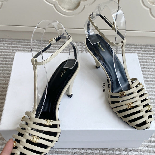 CELINE 26S CLEA TRIOMPHE GLADIATOR HEEL SANDALS 60 MM IN BEIGE LAMBSKIN