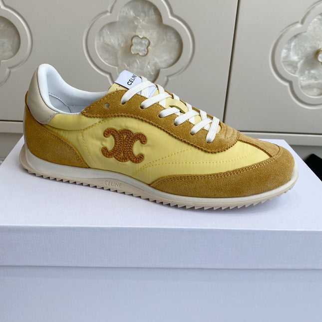 CELINE 26S RUNNER SNEAKERS IN TAN BROWN SUEDE AND BUTTER YELLOW NYLON