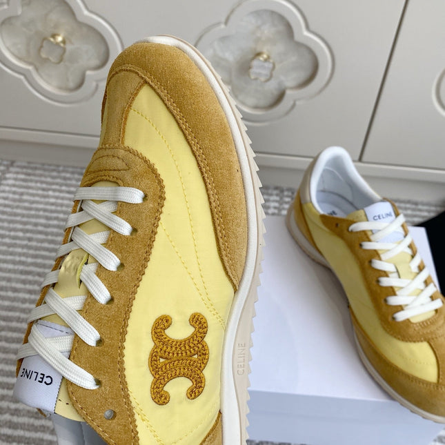 CELINE 26S RUNNER SNEAKERS IN TAN BROWN SUEDE AND BUTTER YELLOW NYLON