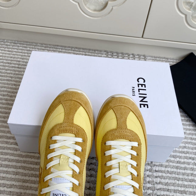 CELINE 26S RUNNER SNEAKERS IN TAN BROWN SUEDE AND BUTTER YELLOW NYLON
