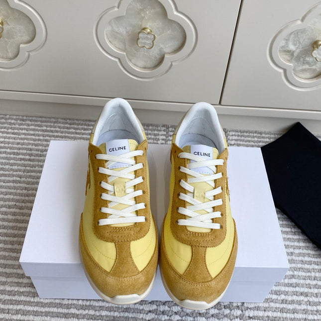 CELINE 26S RUNNER SNEAKERS IN TAN BROWN SUEDE AND BUTTER YELLOW NYLON