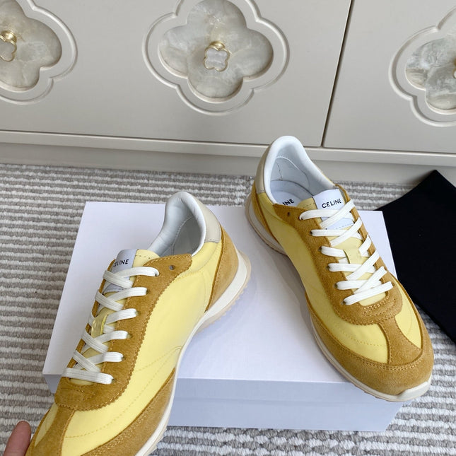 CELINE 26S RUNNER SNEAKERS IN TAN BROWN SUEDE AND BUTTER YELLOW NYLON