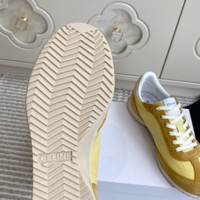 CELINE 26S RUNNER SNEAKERS IN TAN BROWN SUEDE AND BUTTER YELLOW NYLON