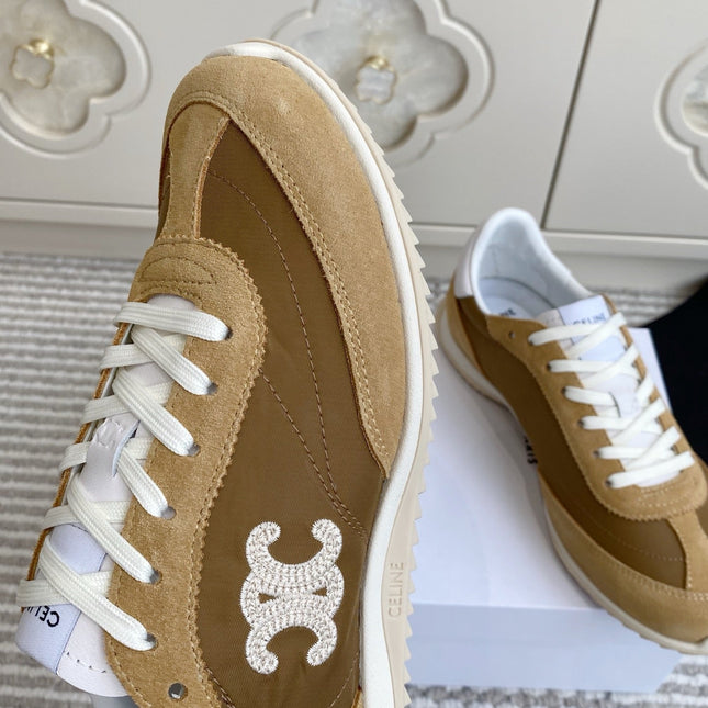 CELINE 26S RUNNER SNEAKERS IN SAND BEIGE SUEDE AND CARAMEL BROWN NYLON
