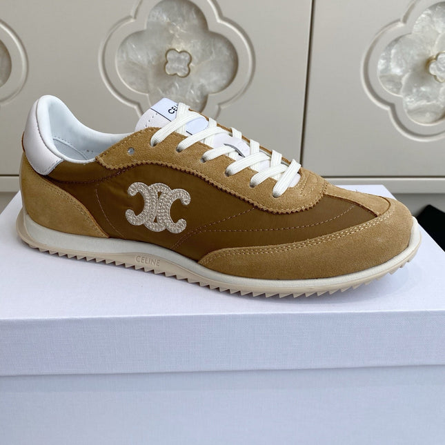 CELINE 26S RUNNER SNEAKERS IN SAND BEIGE SUEDE AND CARAMEL BROWN NYLON