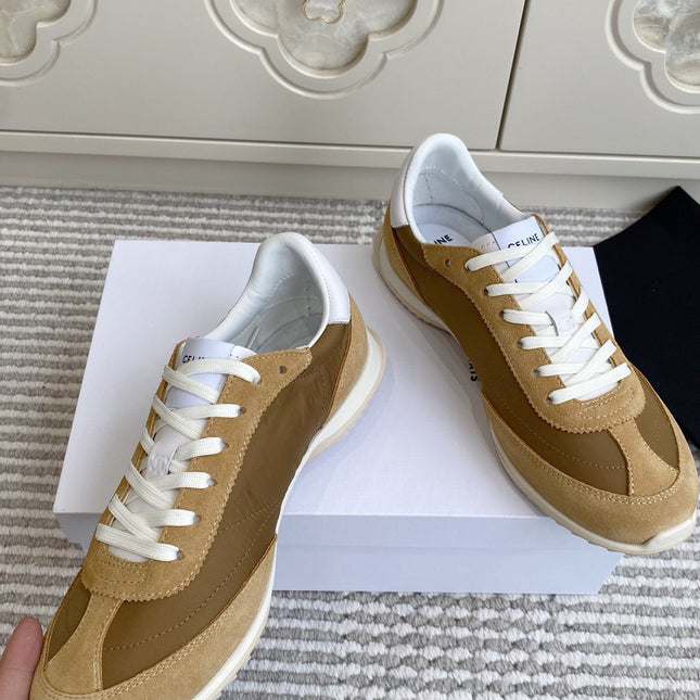 CELINE 26S RUNNER SNEAKERS IN SAND BEIGE SUEDE AND CARAMEL BROWN NYLON