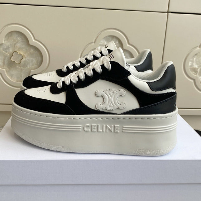 CELINE 26S WEDGE SNEAKERS 50MM IN WHITE CALFSKIN AND BLACK SUEDE