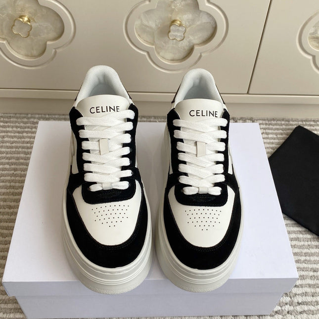 CELINE 26S WEDGE SNEAKERS 50MM IN WHITE CALFSKIN AND BLACK SUEDE