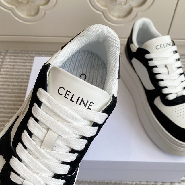 CELINE 26S WEDGE SNEAKERS 50MM IN WHITE CALFSKIN AND BLACK SUEDE