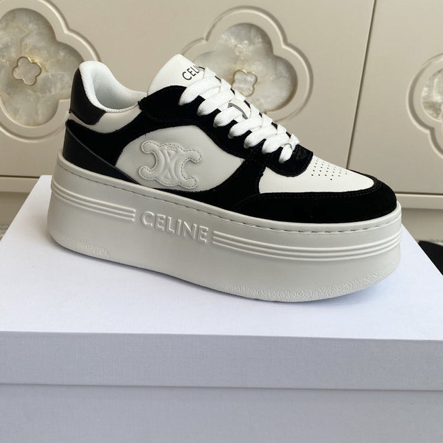 CELINE 26S WEDGE SNEAKERS 50MM IN WHITE CALFSKIN AND BLACK SUEDE