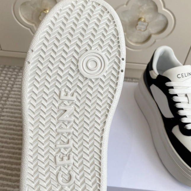 CELINE 26S WEDGE SNEAKERS 50MM IN WHITE CALFSKIN AND BLACK SUEDE