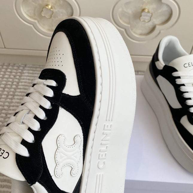 CELINE 26S WEDGE SNEAKERS 50MM IN WHITE CALFSKIN AND BLACK SUEDE