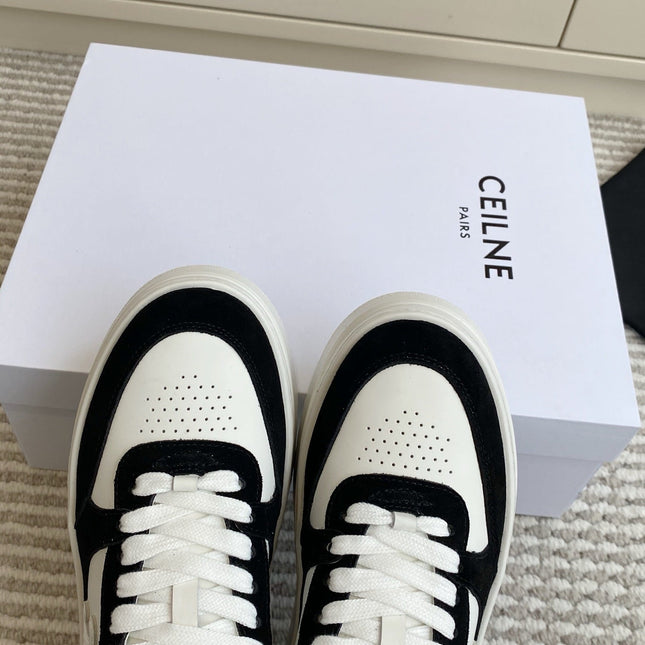 CELINE 26S WEDGE SNEAKERS 50MM IN WHITE CALFSKIN AND BLACK SUEDE