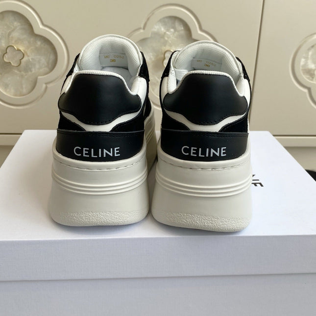 CELINE 26S WEDGE SNEAKERS 50MM IN WHITE CALFSKIN AND BLACK SUEDE