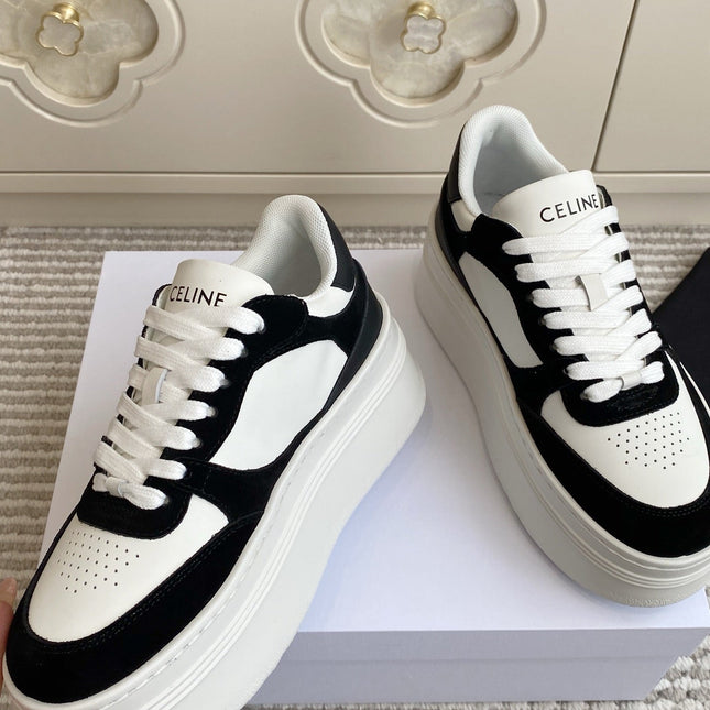 CELINE 26S WEDGE SNEAKERS 50MM IN WHITE CALFSKIN AND BLACK SUEDE