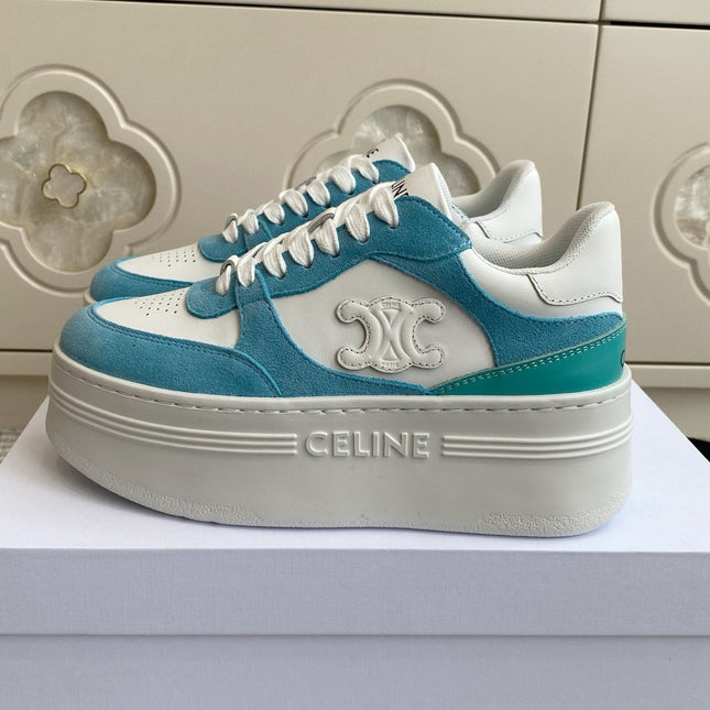 CELINE 26S WEDGE SNEAKERS 50MM IN WHITE CALFSKIN AND SKY BLUE SUEDE
