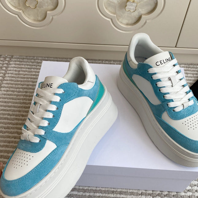 CELINE 26S WEDGE SNEAKERS 50MM IN WHITE CALFSKIN AND SKY BLUE SUEDE
