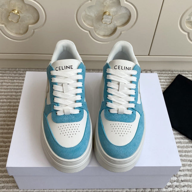 CELINE 26S WEDGE SNEAKERS 50MM IN WHITE CALFSKIN AND SKY BLUE SUEDE