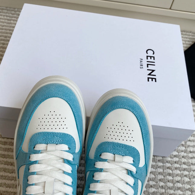 CELINE 26S WEDGE SNEAKERS 50MM IN WHITE CALFSKIN AND SKY BLUE SUEDE
