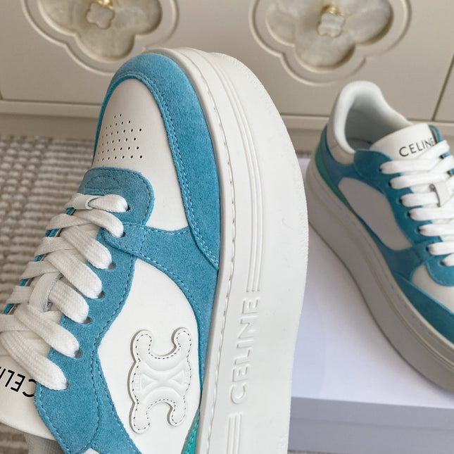 CELINE 26S WEDGE SNEAKERS 50MM IN WHITE CALFSKIN AND SKY BLUE SUEDE