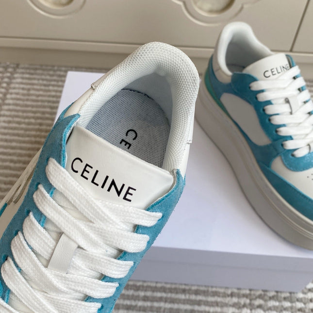 CELINE 26S WEDGE SNEAKERS 50MM IN WHITE CALFSKIN AND SKY BLUE SUEDE