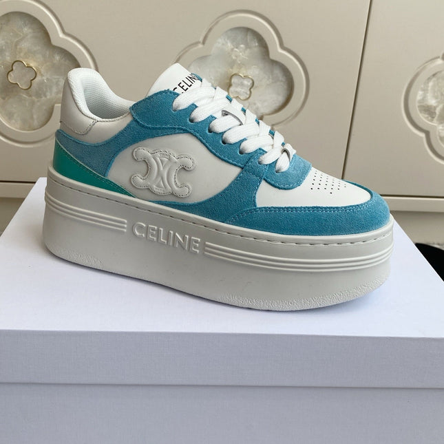 CELINE 26S WEDGE SNEAKERS 50MM IN WHITE CALFSKIN AND SKY BLUE SUEDE