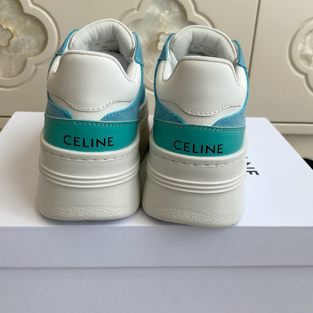 CELINE 26S WEDGE SNEAKERS 50MM IN WHITE CALFSKIN AND SKY BLUE SUEDE
