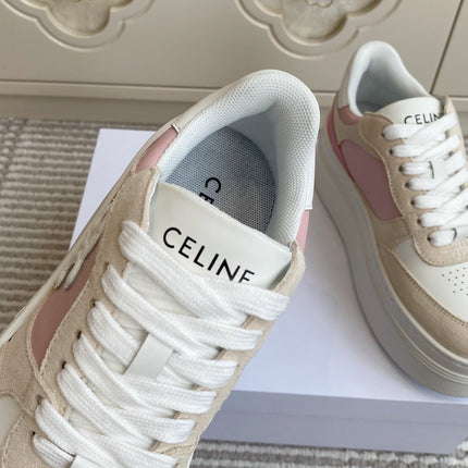 CELINE 26S WEDGE SNEAKERS 50MM IN WHITE PINK CALFSKIN AND BEIGE SUEDE
