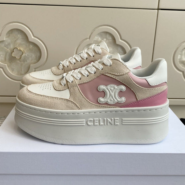 CELINE 26S WEDGE SNEAKERS 50MM IN WHITE PINK CALFSKIN AND BEIGE SUEDE